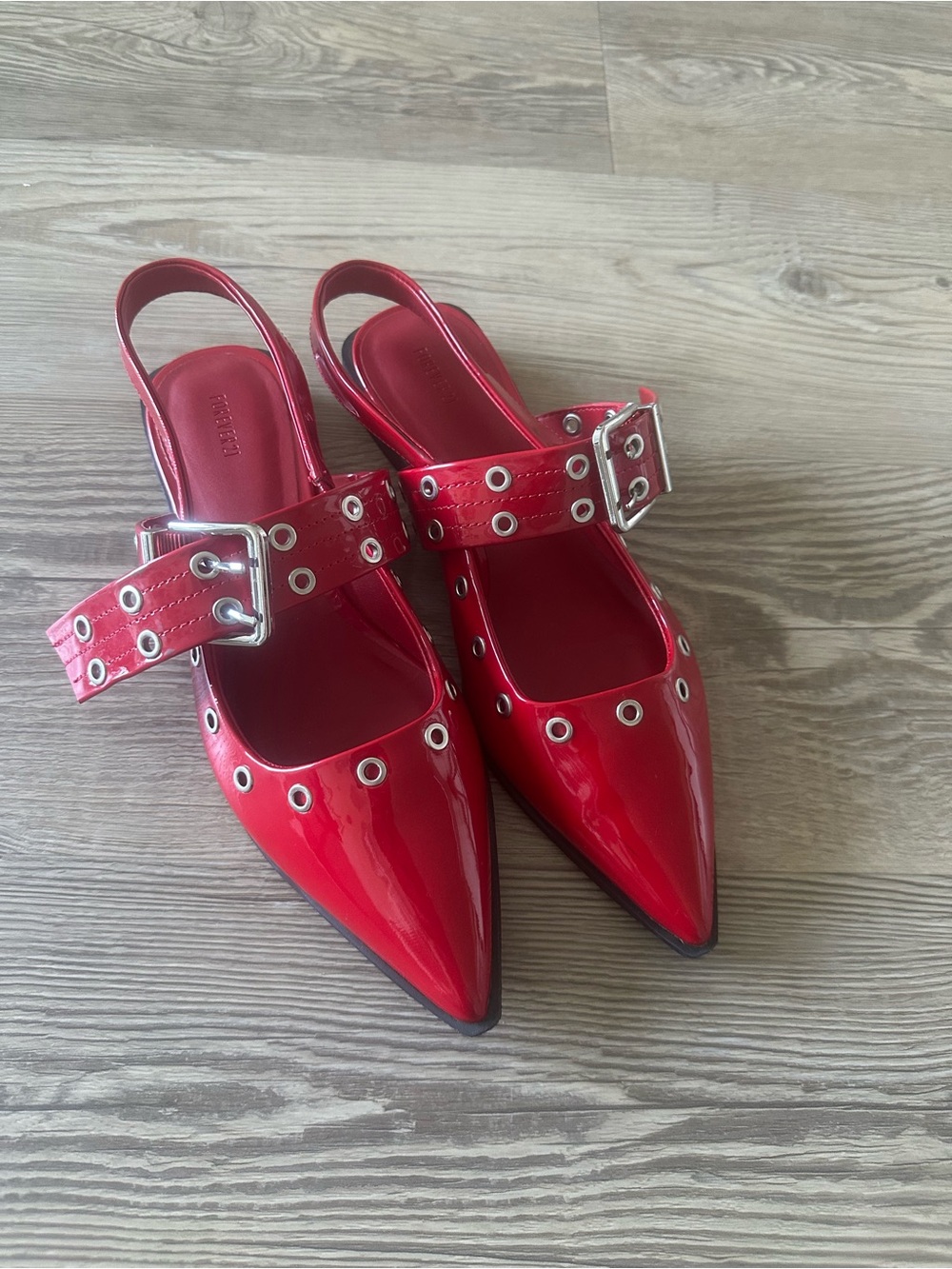 Patent Leather Red Pointed Slingback Flats with Buckle Strap - Picture 1 of 2